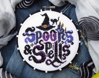 Halloween cross stitch pattern, witchy cross stitch sampler, spooky cross stitch witch, scary cross stitch Halloween needlepoint, embroidery