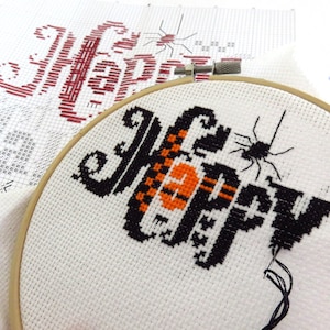 Happy Halloween cross stitch pattern, Halloween cross stitch sampler, spooky cross stitch, needlepoint, embroidery pattern, cross stitch pdf