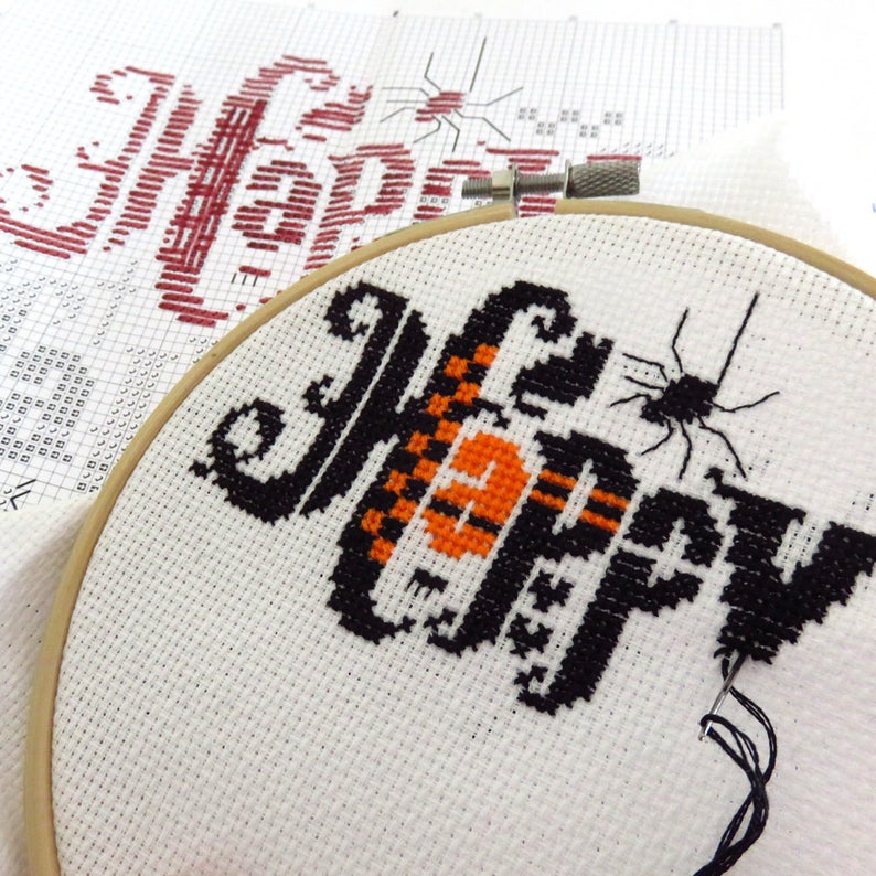 Happy Halloween cross stitch pattern, Halloween cross stitch sampler, spooky cross stitch, needlepoint, embroidery pattern, cross stitch pdf