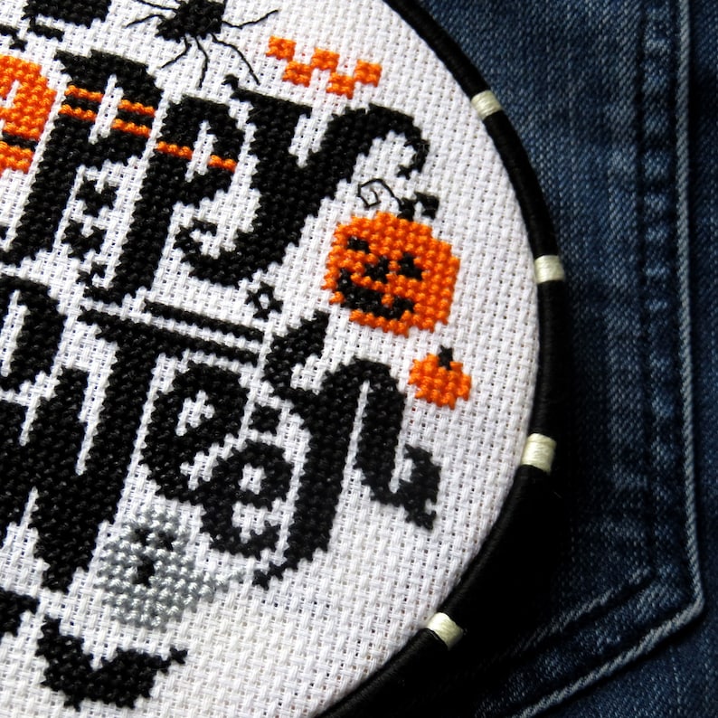 Happy Halloween cross stitch pattern, Halloween cross stitch sampler, spooky cross stitch, needlepoint, embroidery pattern, cross stitch pdf