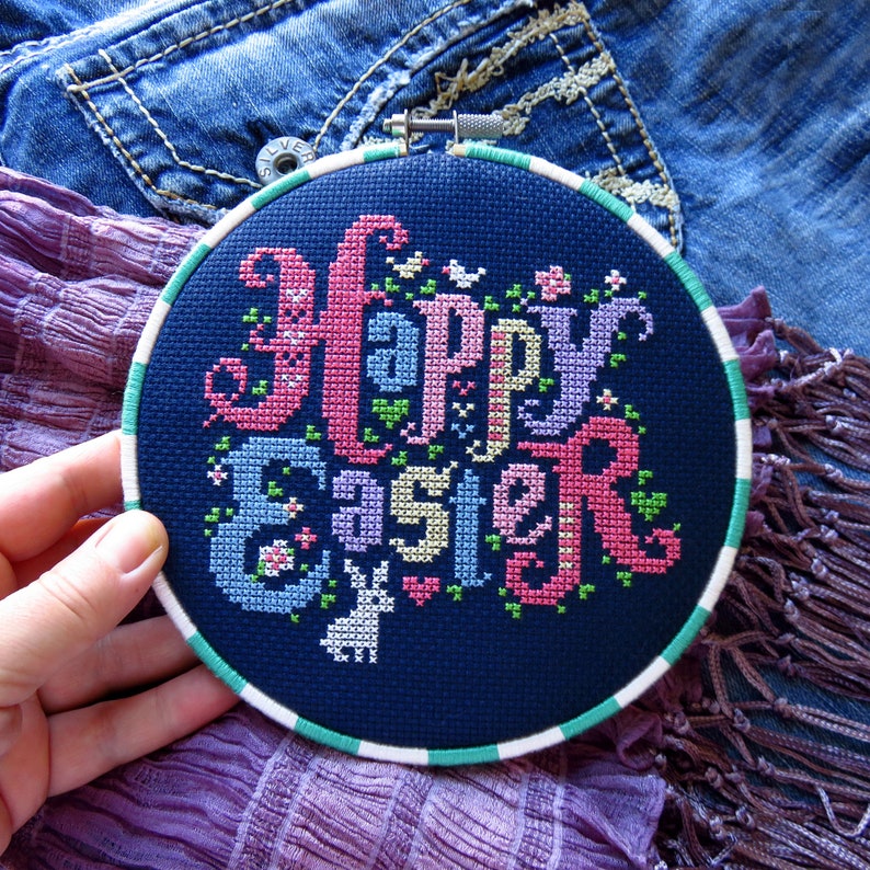 Happy Easter cross stitch sampler, Easter bunny cross stitch pattern, rabbit cross stitch, spring cross stitch, forest animal embroidery