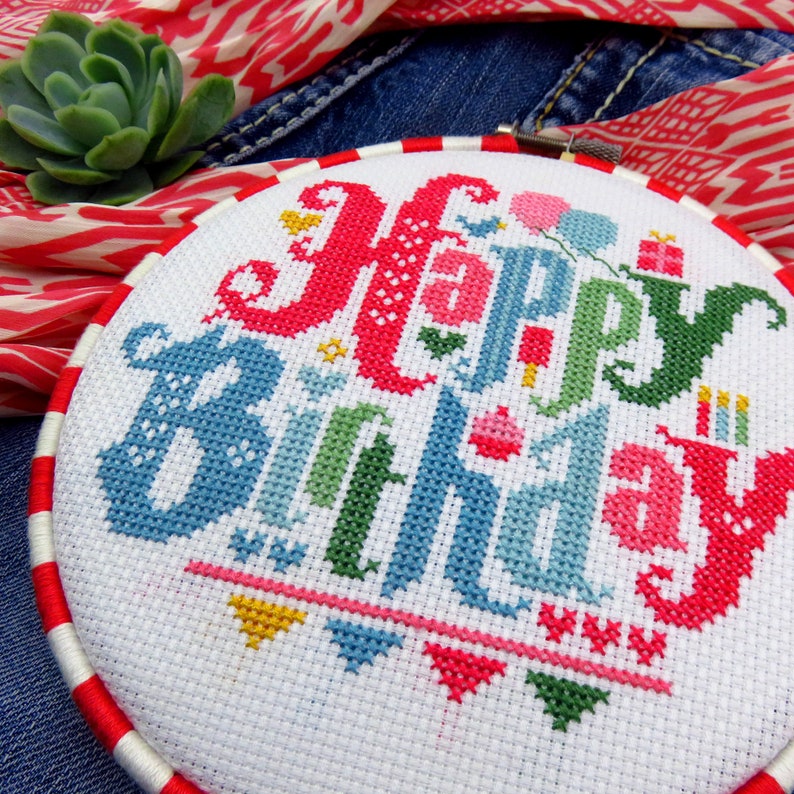 Happy birthday cross stitch pattern pdf, birthday embroidery design needlepoint, cross stitch quote, needlework samplers cross stitch charts