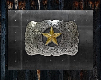 State of Texas * Lone Star Buckle * Engraved * Sterling Silver & Gold Plated * Fits 1 1/2" (38 mm) Wide Belts