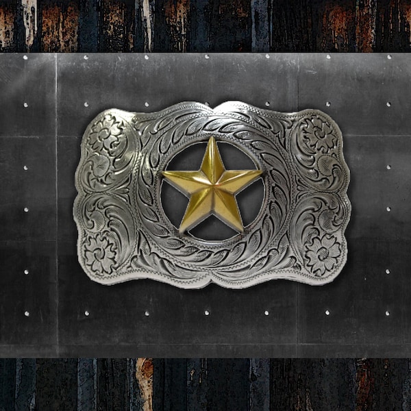 State of Texas * Lone Star-gesp * Gegraveerd * Sterlingzilver en verguld * Past op 38 mm brede riemen