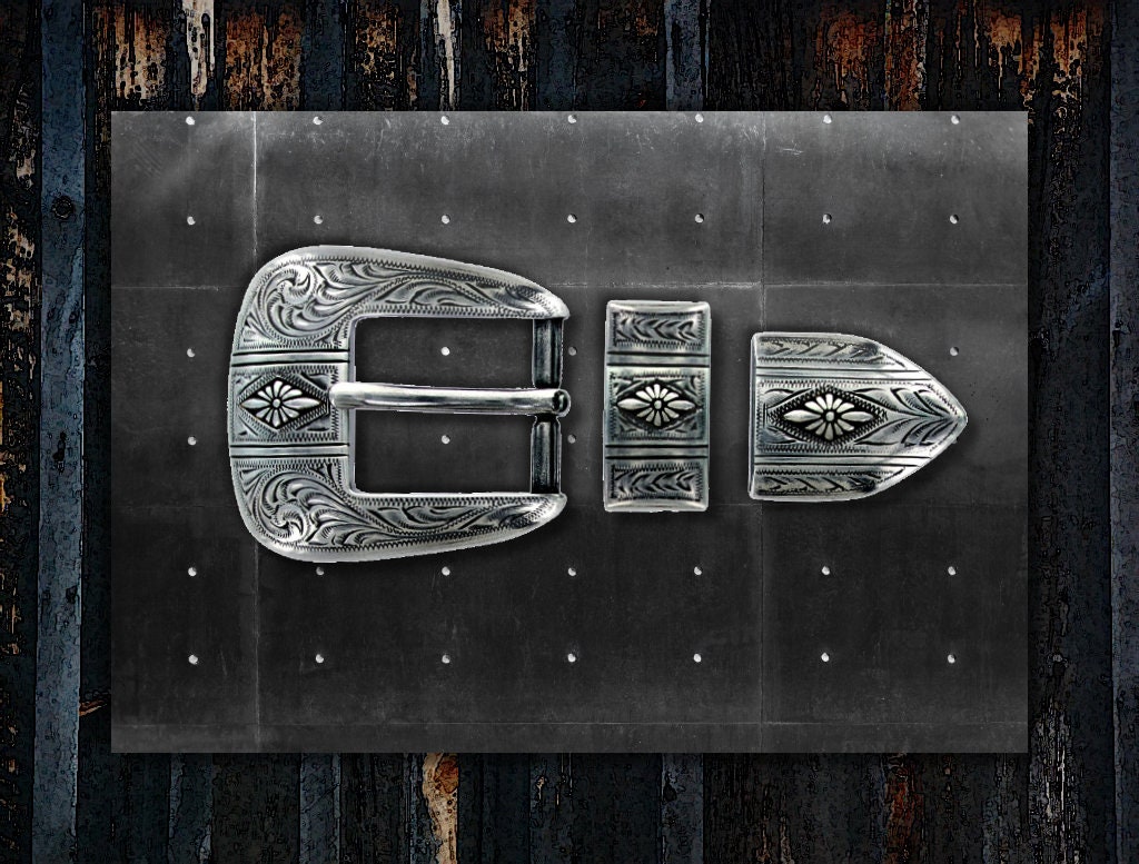 Three Piece Engraved Buckle Set * Antique Silver Finish * Fits 1