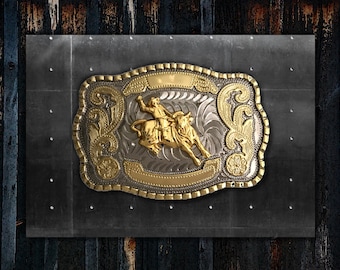 Large Trophy Buckle * Bull Rider Buckle * Rodeo Buckle * Western Buckle * Silver & Gold Finish * Premium Quality * Fits 1 1/2" (38 mm) Belts