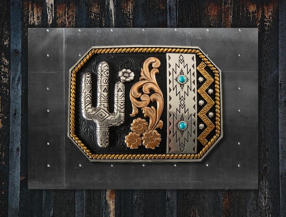 Vintage Belt Buckle * Native Design * Silver * Copper * Brass * Turquoise * Collectible * Fits 1 1/2" (38 mm) Belts  * Premium Quality