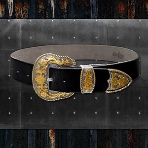 Custom Made Western Belt * Engraved Antique Silver & Gold Buckle Set * Thick 70s Style Top Grain Leather Belt * Hand Burnished Artisan Black