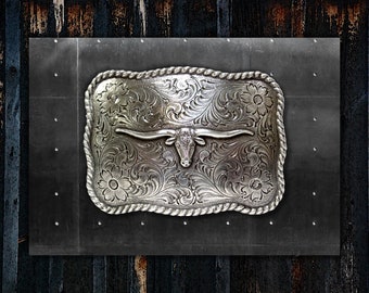 Longhorn Steer Western Buckle * Antique Sterling Silver Finish * Engraved Design * Fits Belts up to 1 1/2" (38 mm) * Premium Quality