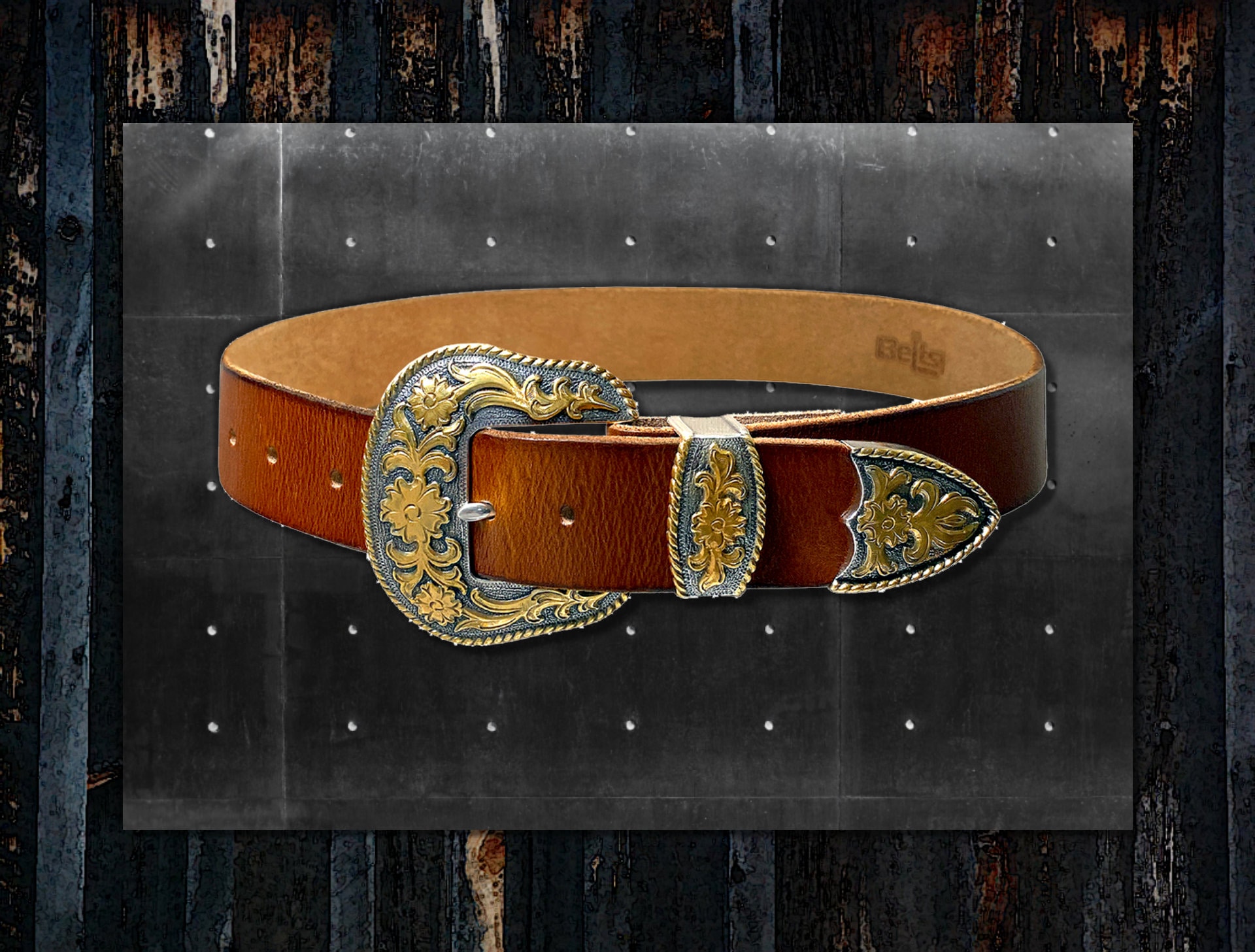 Amazing W. Doran Etched Metal And Leather Handcrafted Western Statement Belt BS118 Genuine Full Grain Western Floral Engraved Tooled  main image 2