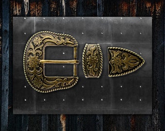 Western Belt Buckle * 3 Piece Western Buckle Set * Engraved Design * Antique Brass Finish * Fits 1 1/2&quot; (38 mm) Belts * Premium Quality
