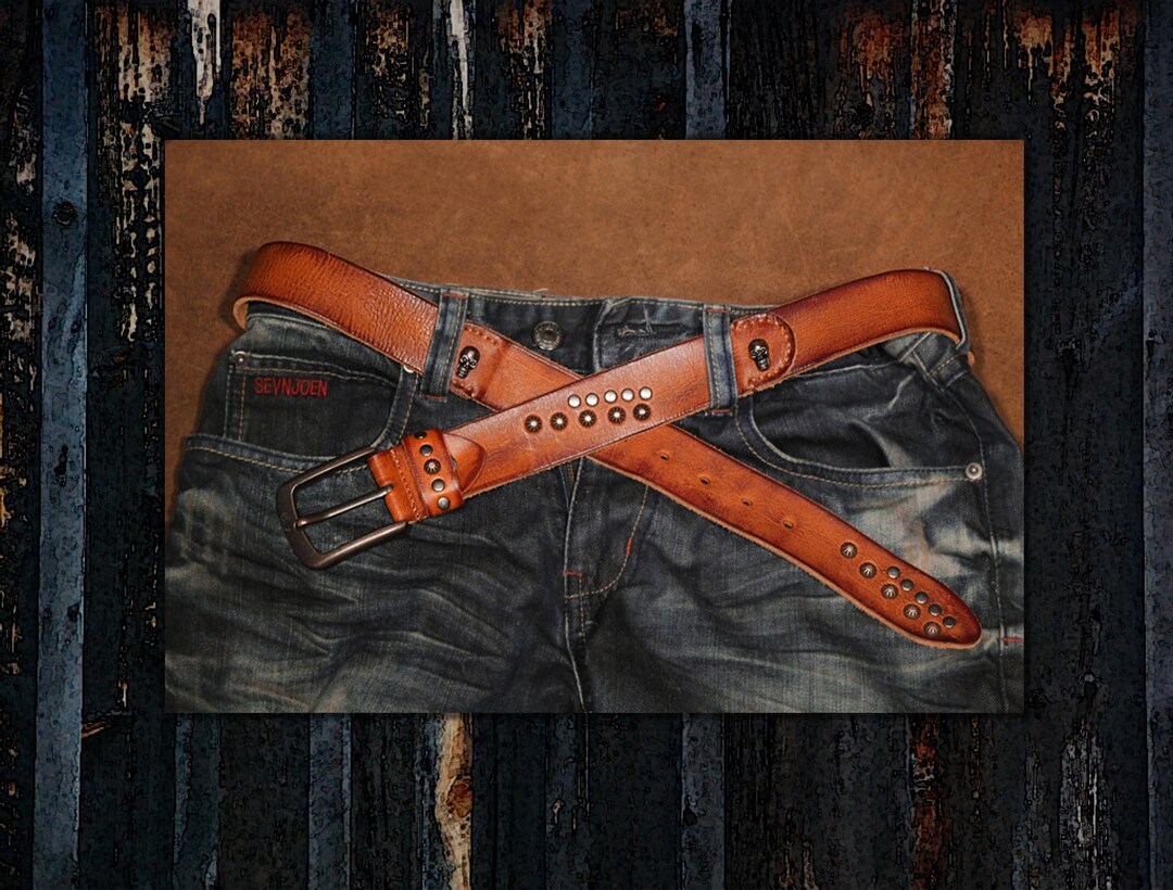 Leather Skull Belt Studded Rivet Design Top Grain Burnt Etsy