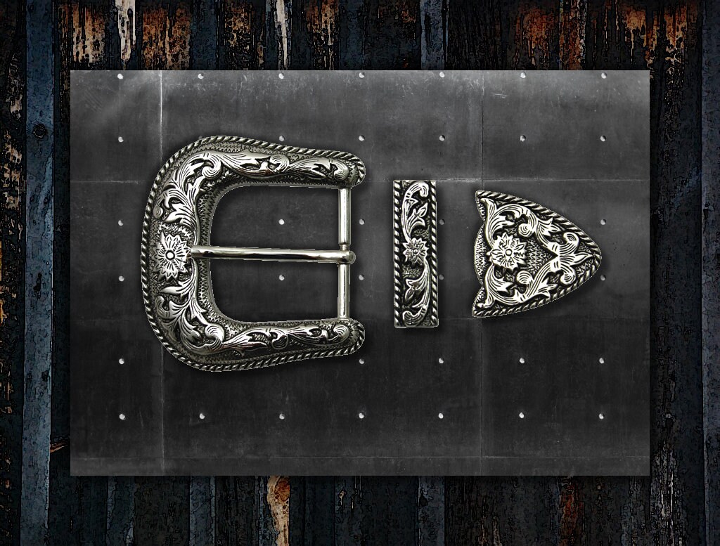 Western Buckle Set * Engraved Floral Design * Antique Silver Finish *  Fits 1 1/2" (38 mm) Belts