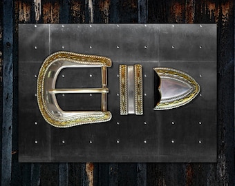 Rustic Cowboy * 3 Piece Western Buckle Set * Barbed Wire * Antique Silver & Gold Plated * Fits Belts 1 1/2&quot; (38 mm) Wide * Premium Quality