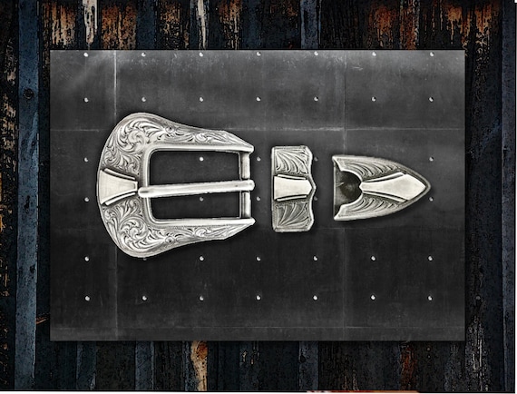 Vintage Silver Engraved Belt Buckle Set Parts only Mens Silver .925 Engraved Belt Buckle Set 1” Straps 3 Pc  main image 4