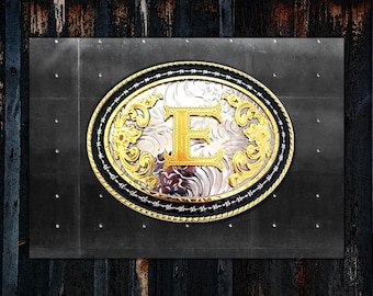 Hebillas de cinturón con iniciales * A a Z * Estilo occidental * Plata y oro * Borde de alambre de púas con fondo de esmalte negro * Se adapta a cinturones de 1 1/2" (38 mm)