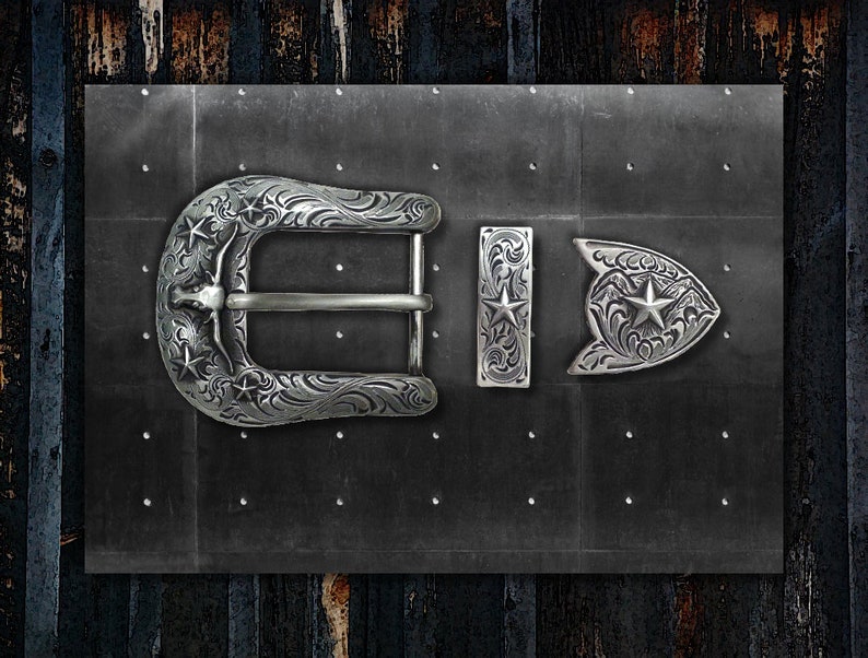 1 1//2/" Hand Engraved Silver /& Gold Buckle Set w// Longhorn Antique finish Stars