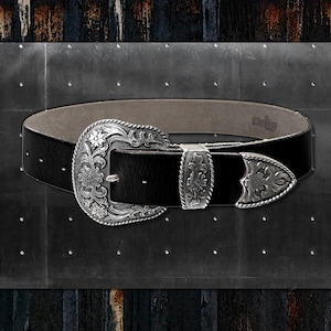 Custom Made Western Belt * Engraved Antique Silver Buckle Set * Thick 70s Style Top Grain Leather Belt * Hand Burnished Artisan Black
