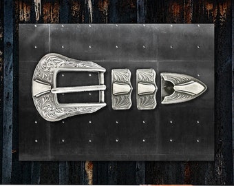 Engraved Ranger Buckle Set * Hand Polished * Antique Silver Finish * 4 Pieces * Fits 1" (25 mm) Belts * Premium Quality * 5553-4
