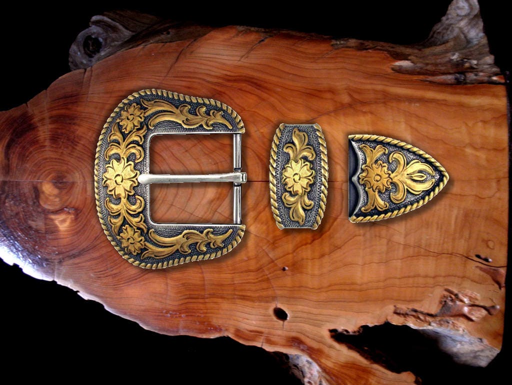 Western Belt Buckle 3 Piece Buckle Set Engraved Antique Etsy