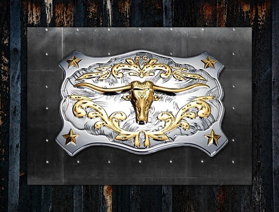 Longhorn Steer Western Buckle * Bright Silver & Gold * Steer and Stars * Engraved Background * Fits Belts up to 1 1/2" * Premium Quality
