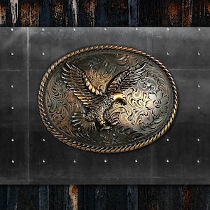 Eagle Landing Buckle * Engraved * Antique Copper Bronze Finish * Western Trophy Style Buckle * Fits 1 1/2&quot; Belts * Premium Quality