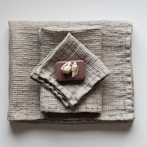 Natural Linen Waffle Weave Towel Set of 3 - Bath, Hand Towels and Washcloth