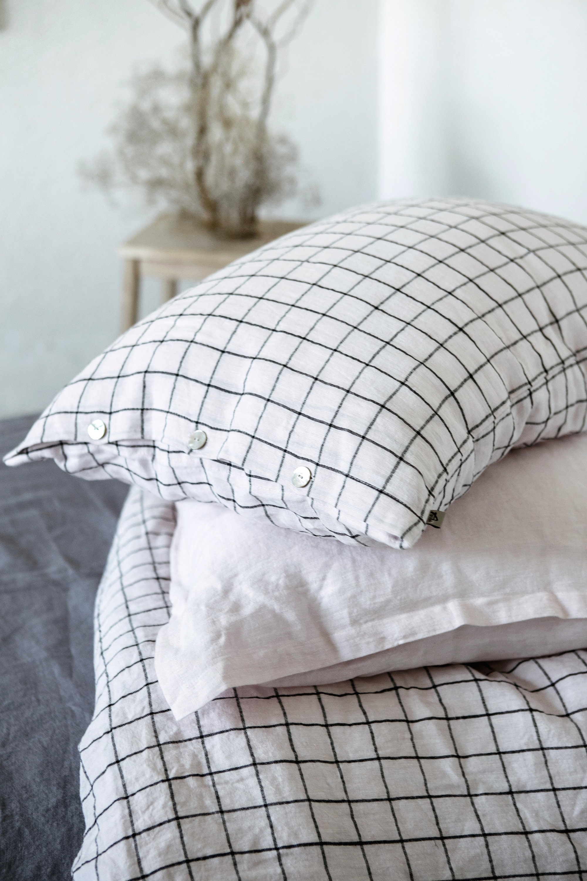 Romantique Confortable Linen Pillowcase Rose avec Des Chèques Stone Washed Pillow Case Cover Cushion