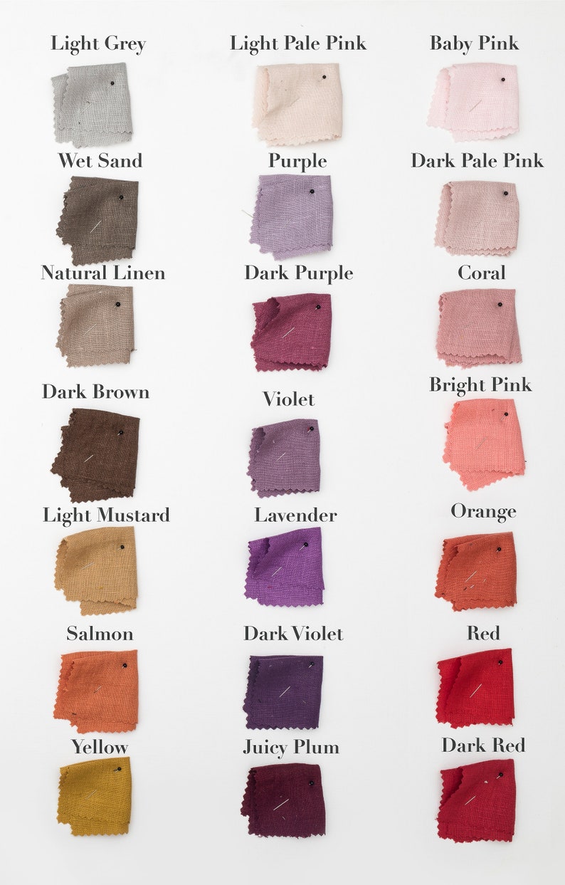 May include: Swatch cards of fabric samples in various colors, including light grey, light pale pink, baby pink, wet sand, purple, dark pale pink, natural linen, dark purple, coral, dark brown, bright pink, violet, light mustard, lavender, orange, salmon, dark violet, red, yellow, juicy plum, and dark red.