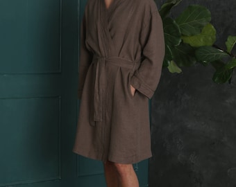 Men’s Linen Bathrobe. Small Waffle Wave. Comfortable & Lightweight. Cozy robe. Spa, sauna, travel robe. Gift for men