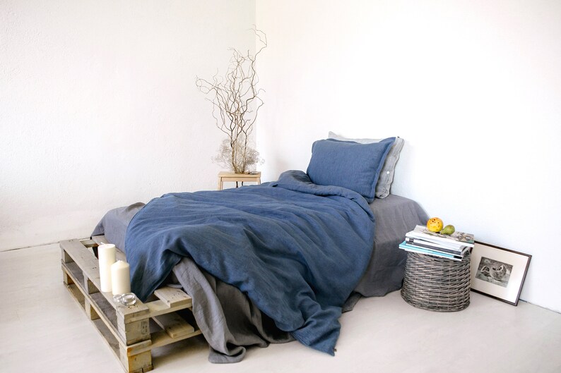 Linen duvet cover blue / grey melange with flap, buttons, Home decor, Lithuanian linen, Soft linen bedding image 3