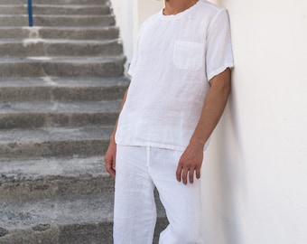 Men’s Casual Linen Set – Soft T-Shirt & Pants. Comfortable Everyday Wear