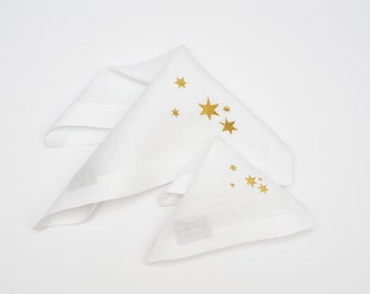 Christmas Linen Napkins. Starry Nights Embroidered in Gold. White Holiday Table Decor