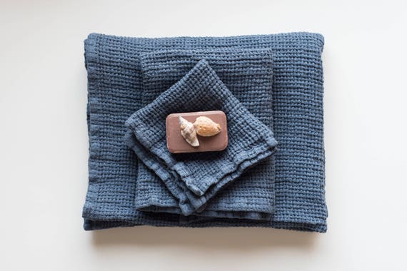 ライトブルーのリネンワッフル織りバスタオル3枚セット：バスタオル