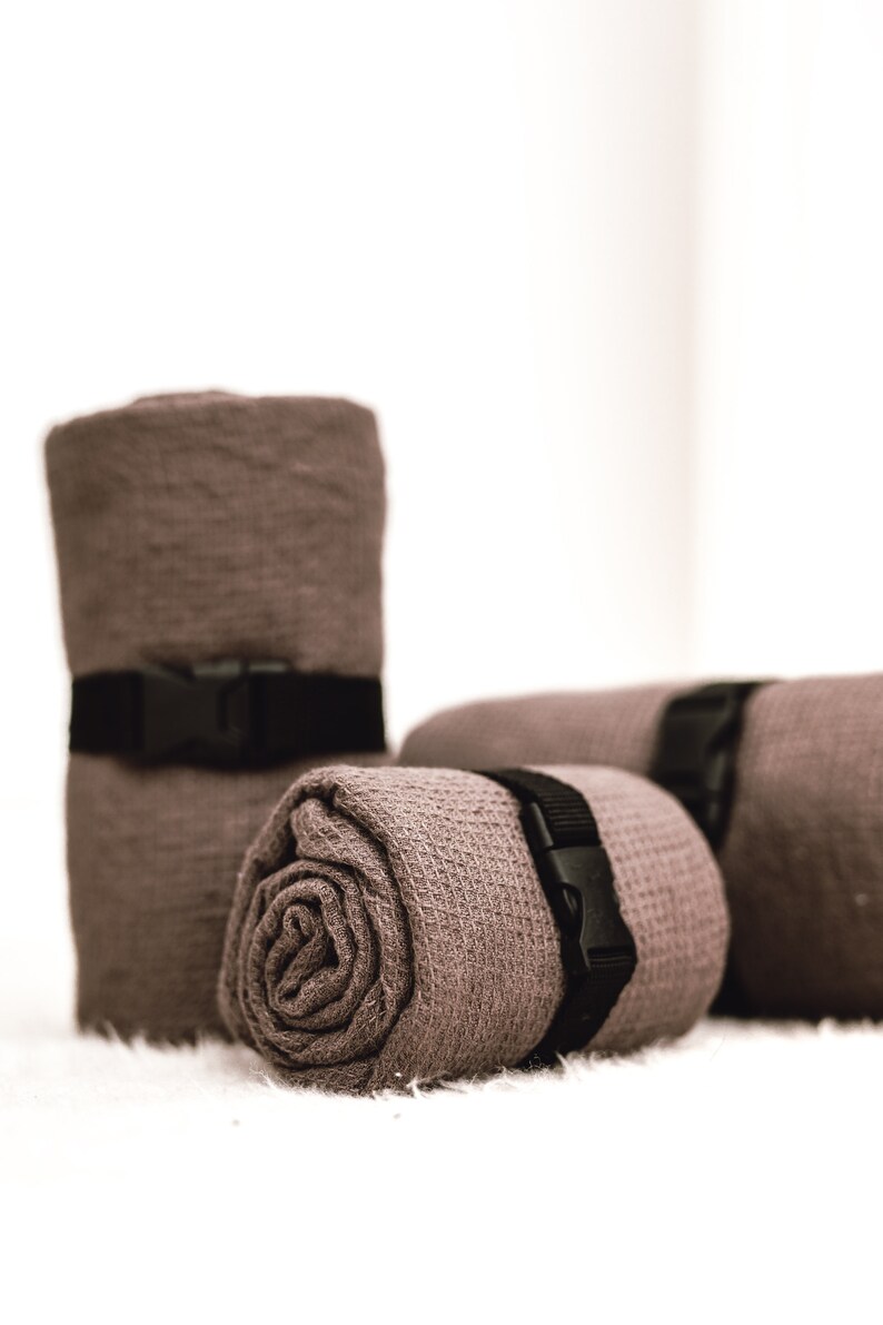 Linen Travel Towel – Brown Small Waffle Linen. Quick-Dry Lightweight Towel. Compact Eco-Friendly. Gift for travel lovers image 2