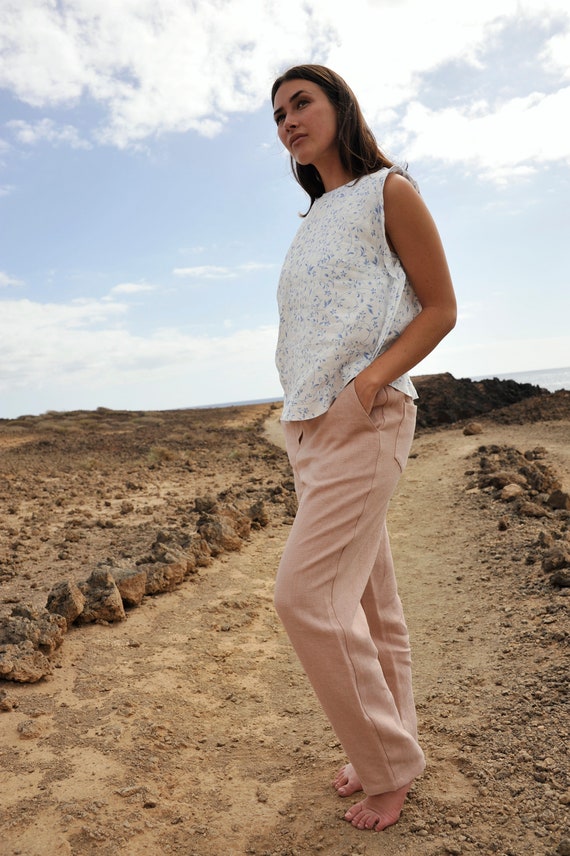 Pantalon En Lin Pour Femme - Coupe Large Et Fluide - Taille Haute, Style Palazzo - Idéal Pour L'été Et La Plage - Avec Poches