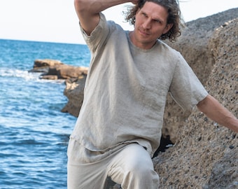 Linen Men's T-Shirt and Pants Set for Casual Elegance