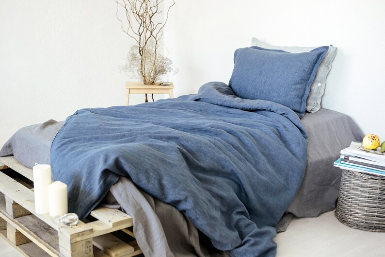 Linen duvet cover blue / grey melange with flap, buttons, Home decor, Lithuanian linen, Soft linen bedding image 1