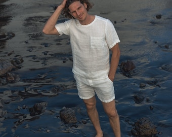 Men's T-Shirt and Shorts Set Small Waffle Weave Linen for Casual Comfort