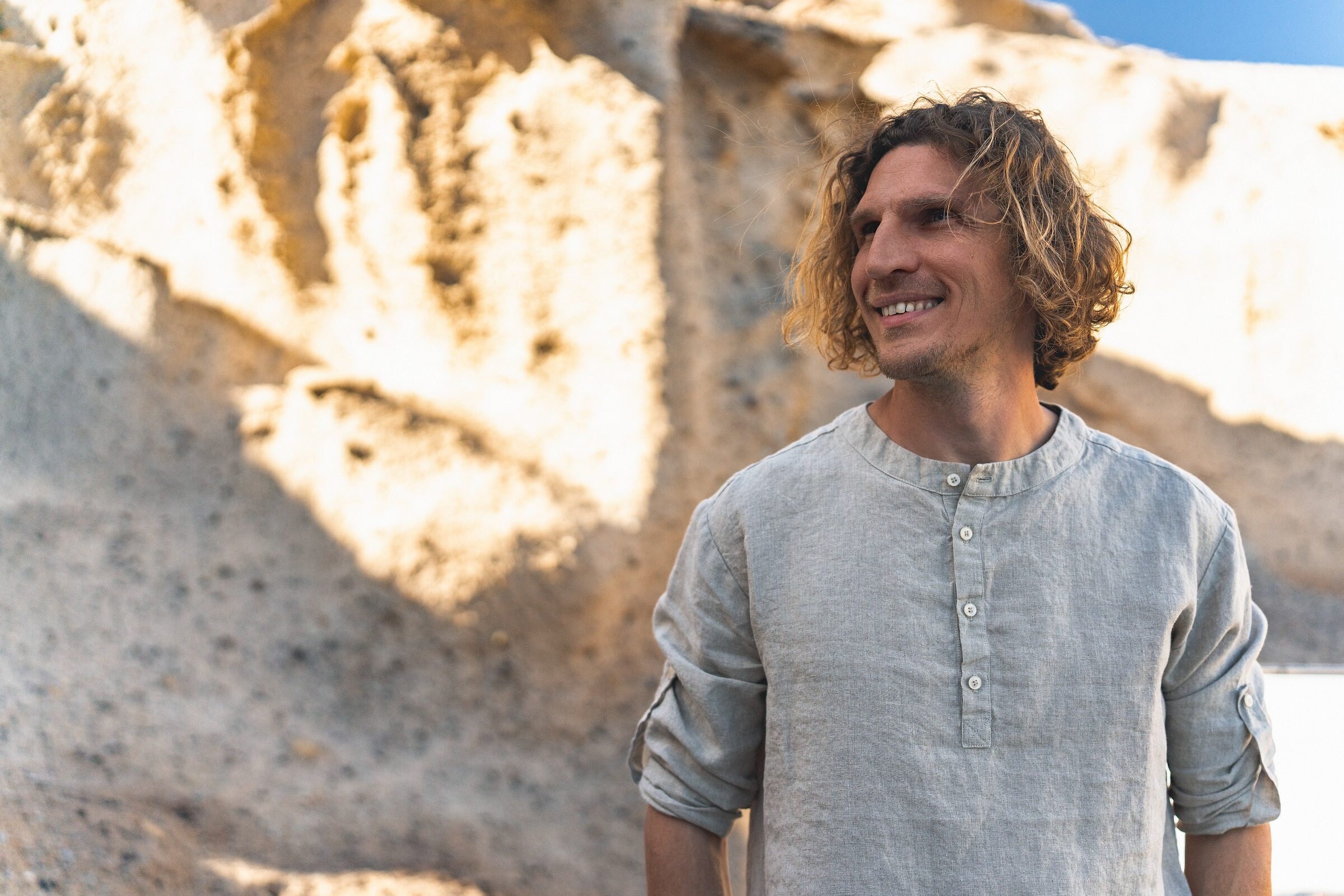 Men's Casual Linen Shirt with Rolled-Up Long Sleeves in Natural Linen Color