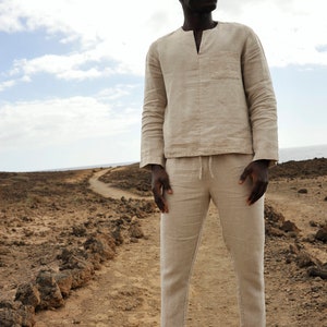 Linen Elegance: Men&#39;s Shirt and Pants Set for Summer