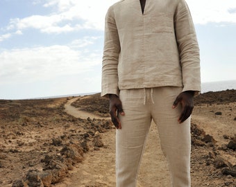 Linen Elegance: Men's Shirt and Pants Set for Summer