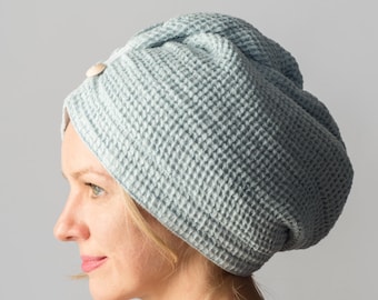 Turbante de toalla para el cabello con tejido de gofre de lino azul claro de doble capa - Regalo de lujo para mujeres