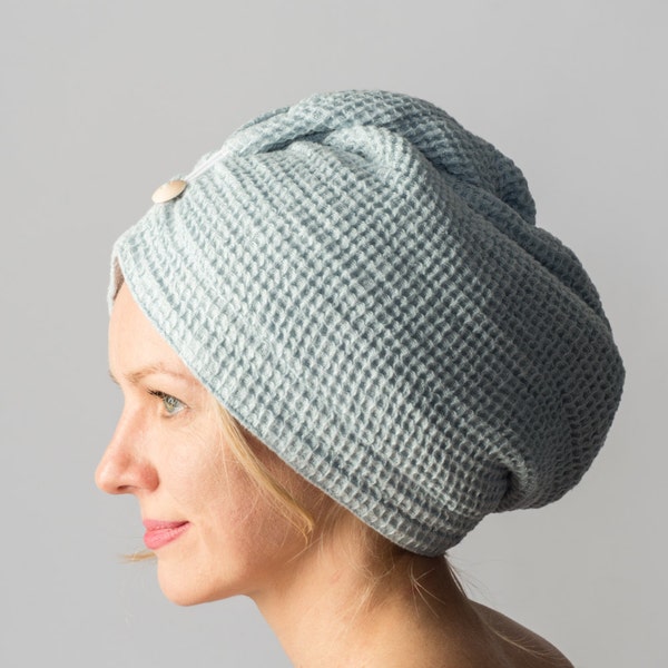 Double-Layered Light Blue Linen Waffle Weave Hair Towel Turban - Luxurious Gift for Women