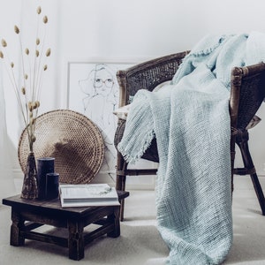 Serene Elegance: Light Blue Waffle Weave Linen Blanket with Fringed Edges