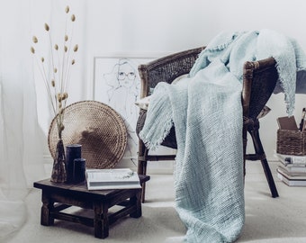 Light Blue Waffle Weave Linen Blanket with Fringed Edges
