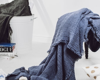 Woven Comfort: Blue Linen Waffle Weave Blanket with Fringes