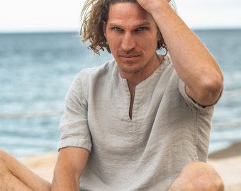 Men's T-shirt Short Sleeve Small Waffle Weave Linen for Summer