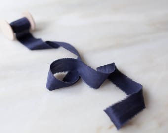 Saudade blue silk ribbon | 1" wide | handmade and hand dyed, on a spool for wedding flowers, invitation, wreaths, wands, lei + flat lay kits