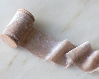 Velvet Silk Ribbon, Dusty Rose, 2" wide | handmade and hand-dyed with a hand frayed edge.